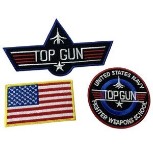 Top Gun Navy Fighter Weapons School & American Flag Iron-On Patches Set